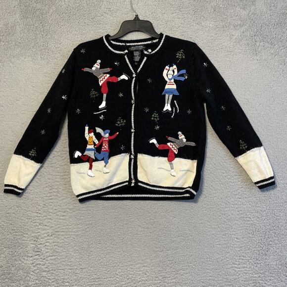 All Points Cardigan Sweater Size S Black & White W/ Embroidered Ice Skaters - Picture 1 of 15